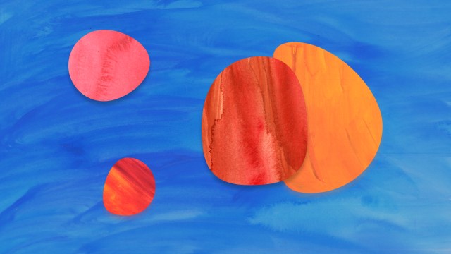 A painting of orange and red circles on a blue background, displaying randomness in its arrangement.